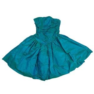 VTG 80s Night Way Iridescent Teal Strapless Drop Waist Bubble Hem Prom Dress S